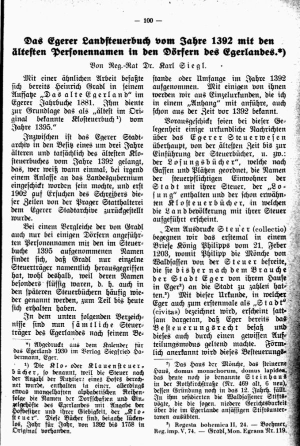 Das Egerer Landsteuerbuch vom Jahre 1392 mit den ältesten Personennamen in den Dörfern des Egerlandes - 1