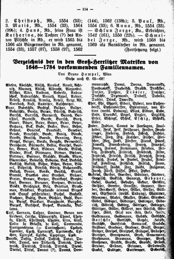 Verzeichnis der in den Groß-Herrlitzer Matriken von 1646 bis 1784 vorkommenden Familiennamen - 1