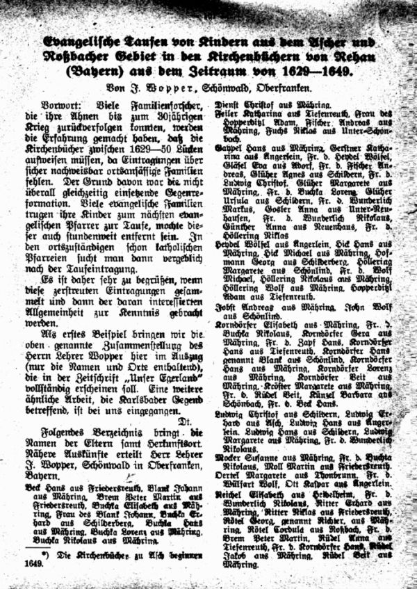 Evangelische Taufen von Kindern aus dem Ascher u. Roßbacher Gebiet in den Kirchenbüchern von Rehau (Bayern) aus dem Zeitraum von 1629-1649