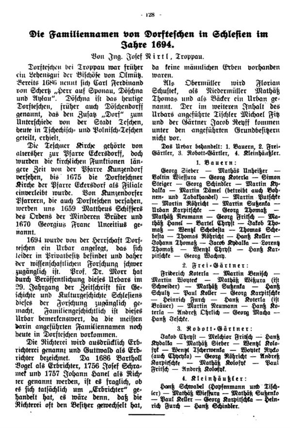 Die Familiennamen von Dorfteschen in Schlesien i.J. 1694