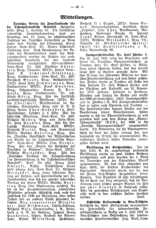 Mitteilungen - Deutsche Verein für Familienkunde für die Tschechosl. Republik