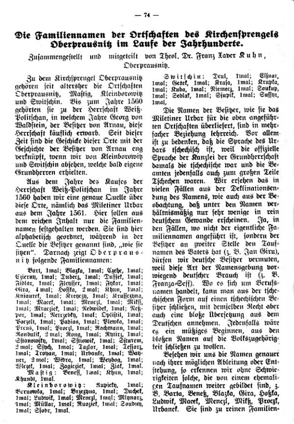 Die Familiennamen der Ortschaften des Kirchensprengels Oberprausnitz in Laufe der Jahrhunderte - 1