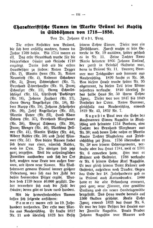 Charakteristische Namen im Markte Brünnl bei Kaplitz in Südböhmen vom 1718-1850 - 1