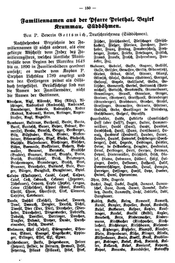 Familiennamen aus der Pfarre Priethal, Bezirk Krummau, Südböhmen - 1