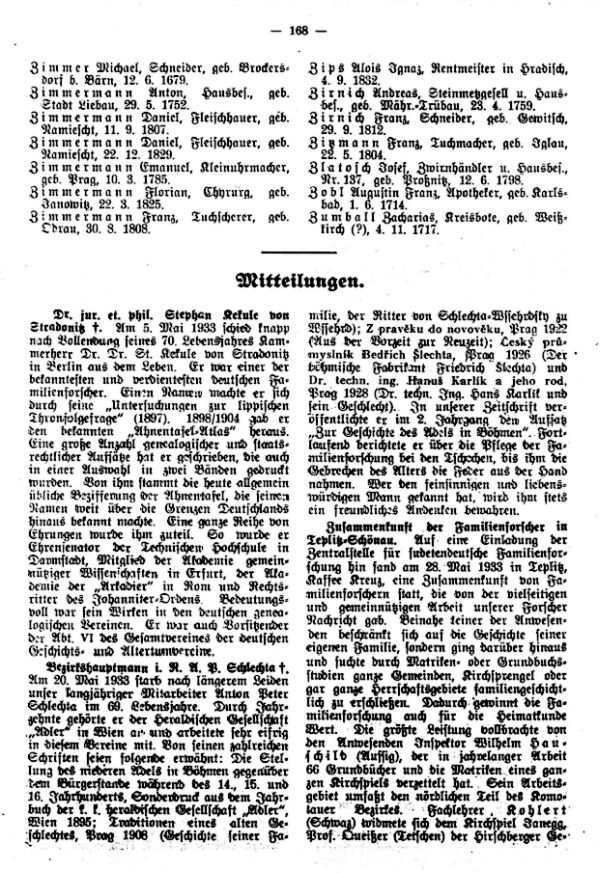 Mitteilungen - Dr. jur. et phil. Stephan Kekule don Stradonitz + - Bezirkshauptmann i.R. Ant.P. Schlechta +