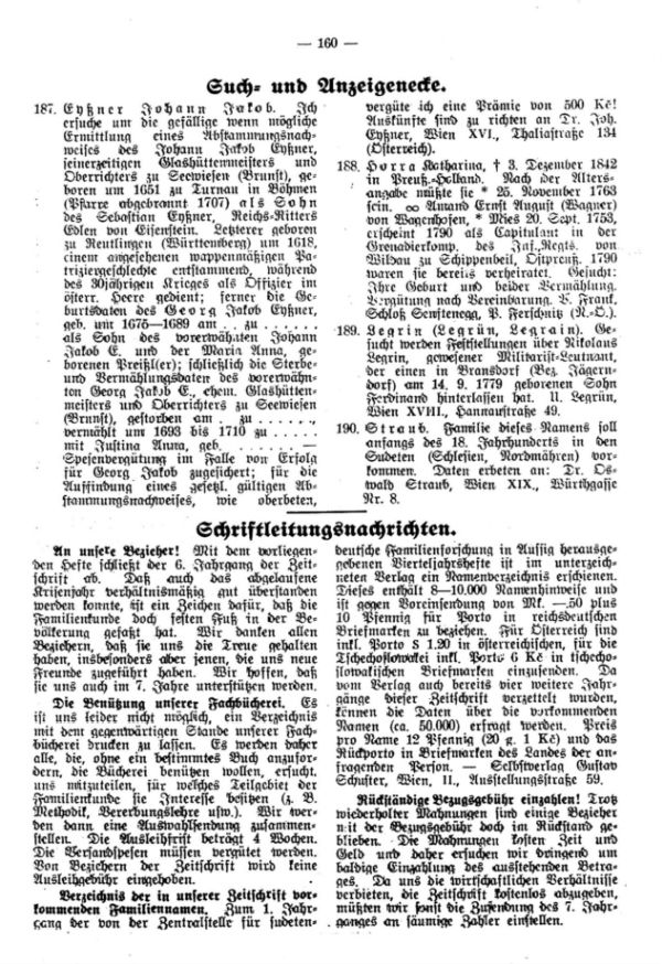 Such- und Anzeigeecke - Schriftleitungsnachrichten