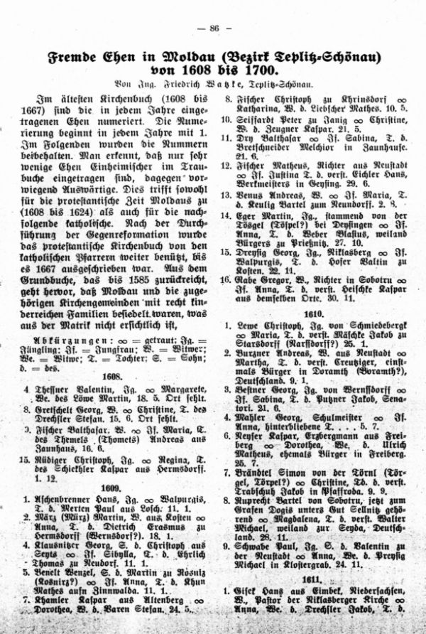 Fremde Ehen in Moldau (Bezirk Teplitz-Schönau) von 1608-1700 - 1