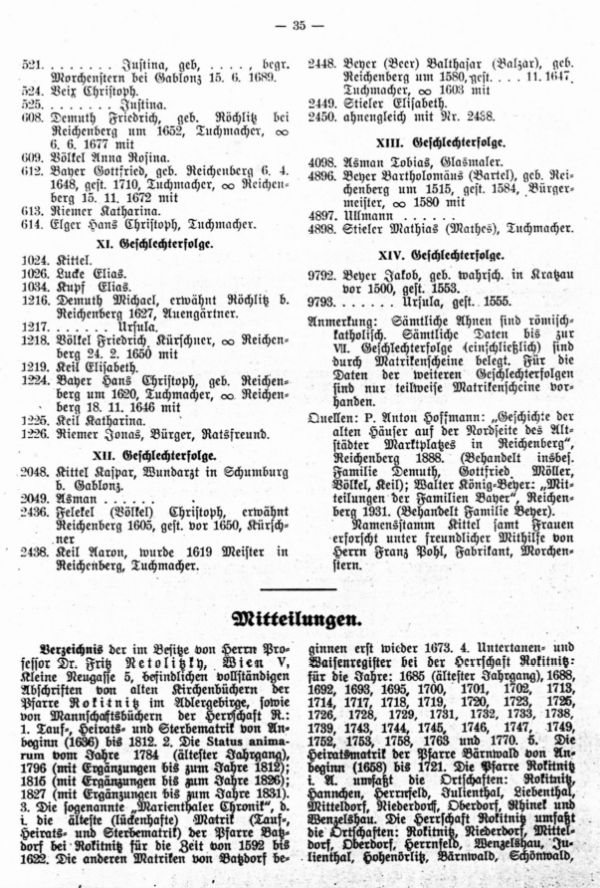 Abschriften von alten Kirchenbüchern der Pfarre Rokitnitz im Adlergebirge und Mannschaftsbüchern der Herrschaft Rokitnitz