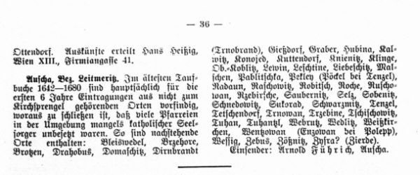 Eintragungen im ältesten Taufbuche von Auscha 1642-1680 aus fremden Ortschaften