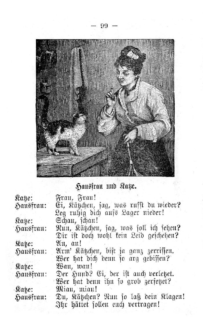 Deutsche Fibel -Hausfrau und Katze