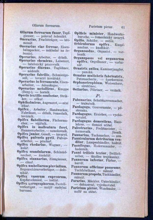 Teil 3  Latein - Deutsch - Böhmisch / von 'Ollarum ferrearum' bis 'Parietum pictor'